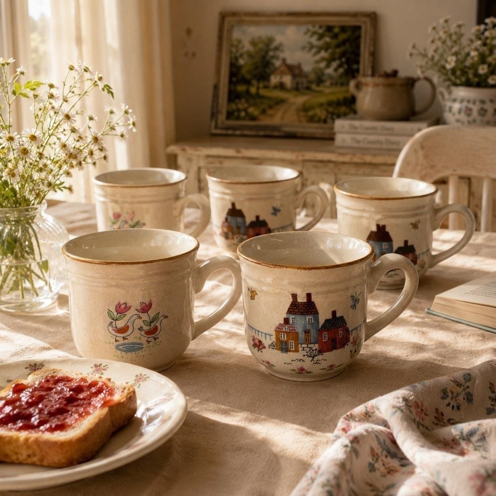 Vintage Heartland Village Stoneware Mug Set of 6 Cottagecore Farmhouse Cups